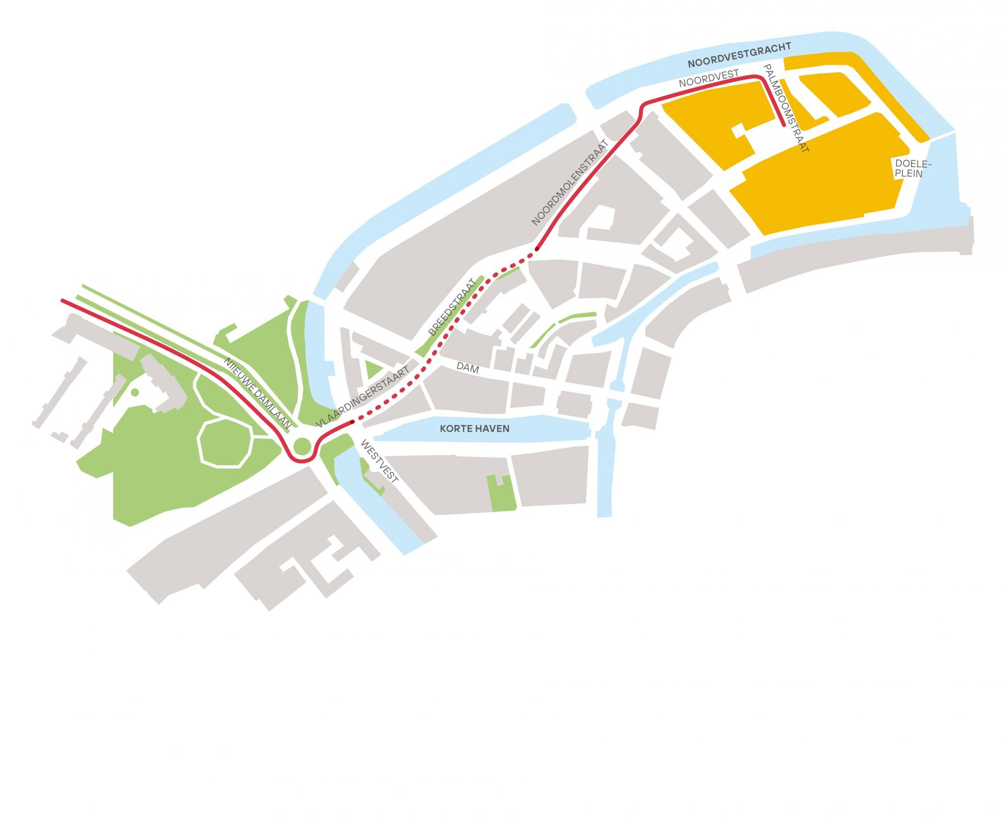 "Kaart met de route van het bouwverkeer dat via de Nieuwe Damlaan, de Vlaardingerstraat, de Breedstraat, de Noordmolenstraat, Noordvest en Palmboomstraat geleid wordt"