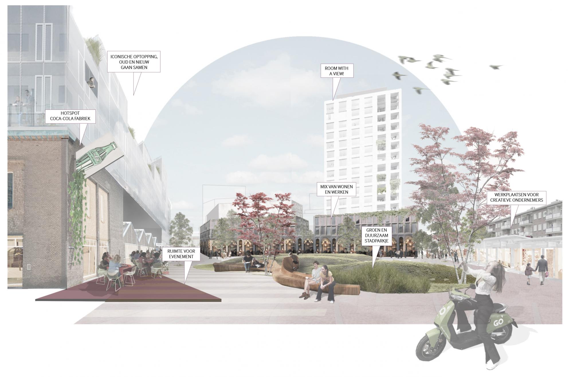 "Artist impression met groen, bedrijvigheid en woonfuncties"