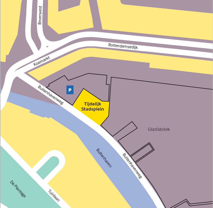 "Afbeelding waar op te zien is waar het 'tijdelijke stadsplein' ligt. Dit is aan het begin van de Buitenhavenweg als u van de Koemarkt komt, rechts van de grote parkeerplaats. "