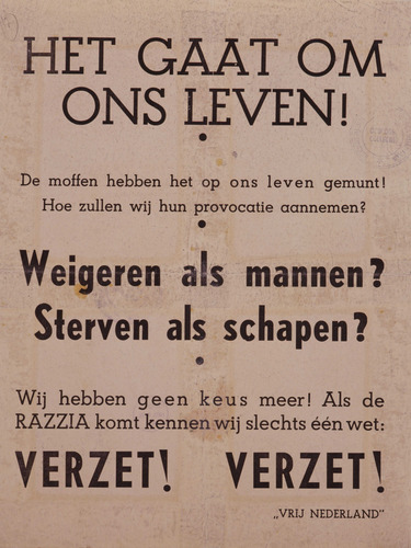 Oproep van illegale organisatie Vrij Nederland tot verzet bij razzia’s.