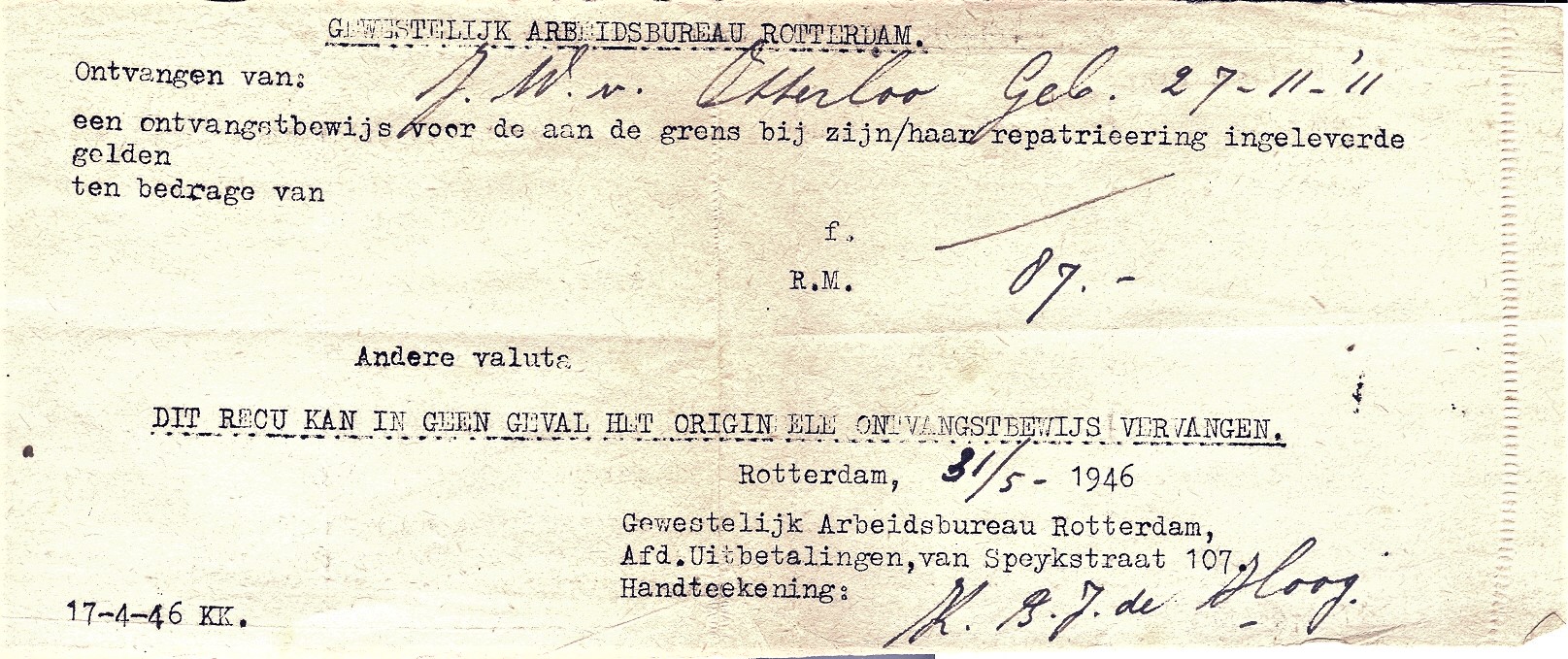 Kwitantie voor de Reichs Marken die Jan Willem van Otterloo moest inleveren bij de Nederlandse grens